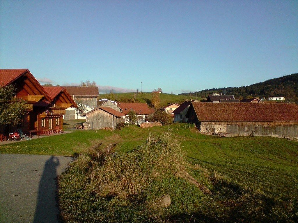 baernzell_ost.jpg - Ostblick von der Reithalle aus. Links die beiden Blockhäuser der Wenzls, in der Bildmitte das Haus, in dem wir gewohnt haben.